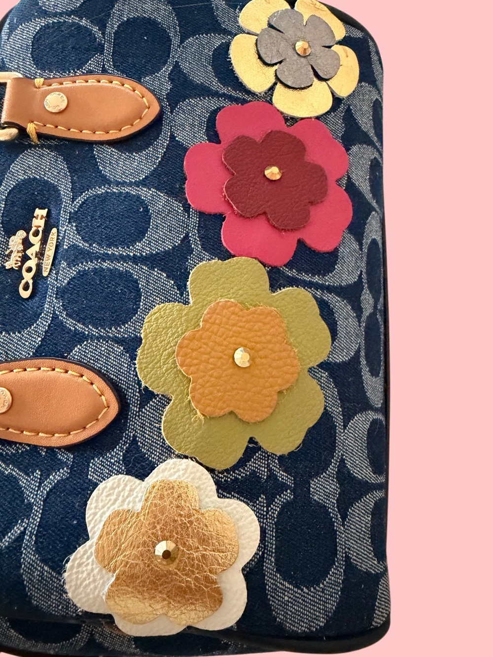 COACH Denim Signature Floral Appliqué Mini Satchel with Tan Handles - Picture 8 of 10